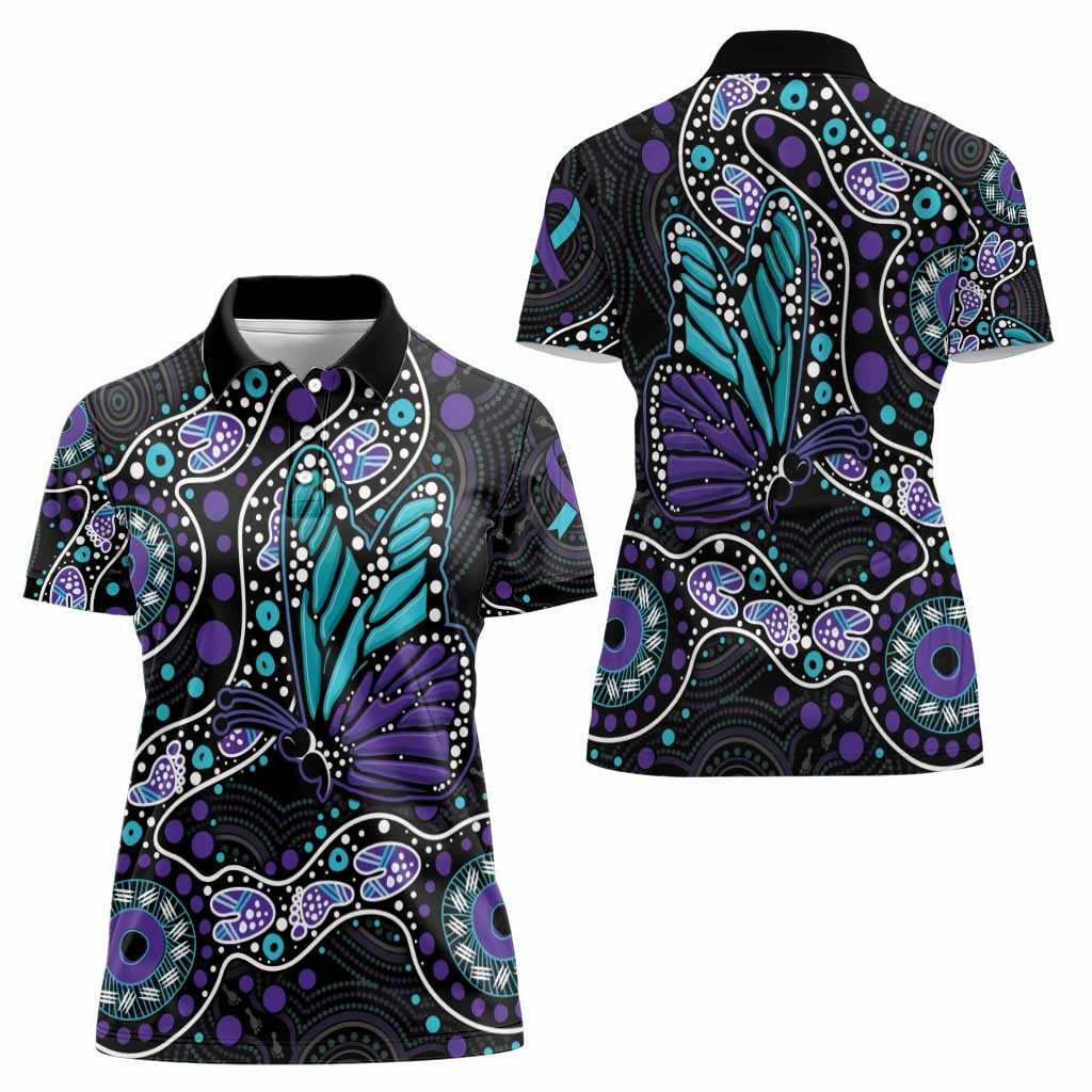 Australia Indigenous Women Polo Shirt Teal & Purple Ribbon Butterfly Aboriginal Arts
