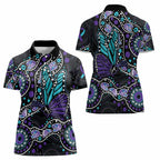 Australia Indigenous Women Polo Shirt Teal & Purple Ribbon Butterfly Aboriginal Arts