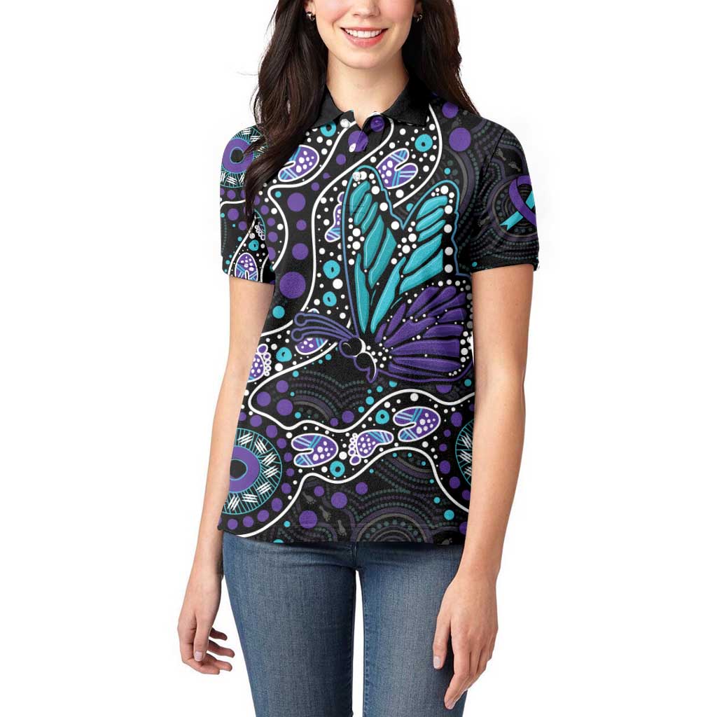 Australia Indigenous Women Polo Shirt Teal & Purple Ribbon Butterfly Aboriginal Arts