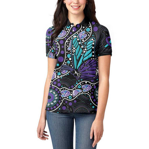 Australia Indigenous Women Polo Shirt Teal & Purple Ribbon Butterfly Aboriginal Arts