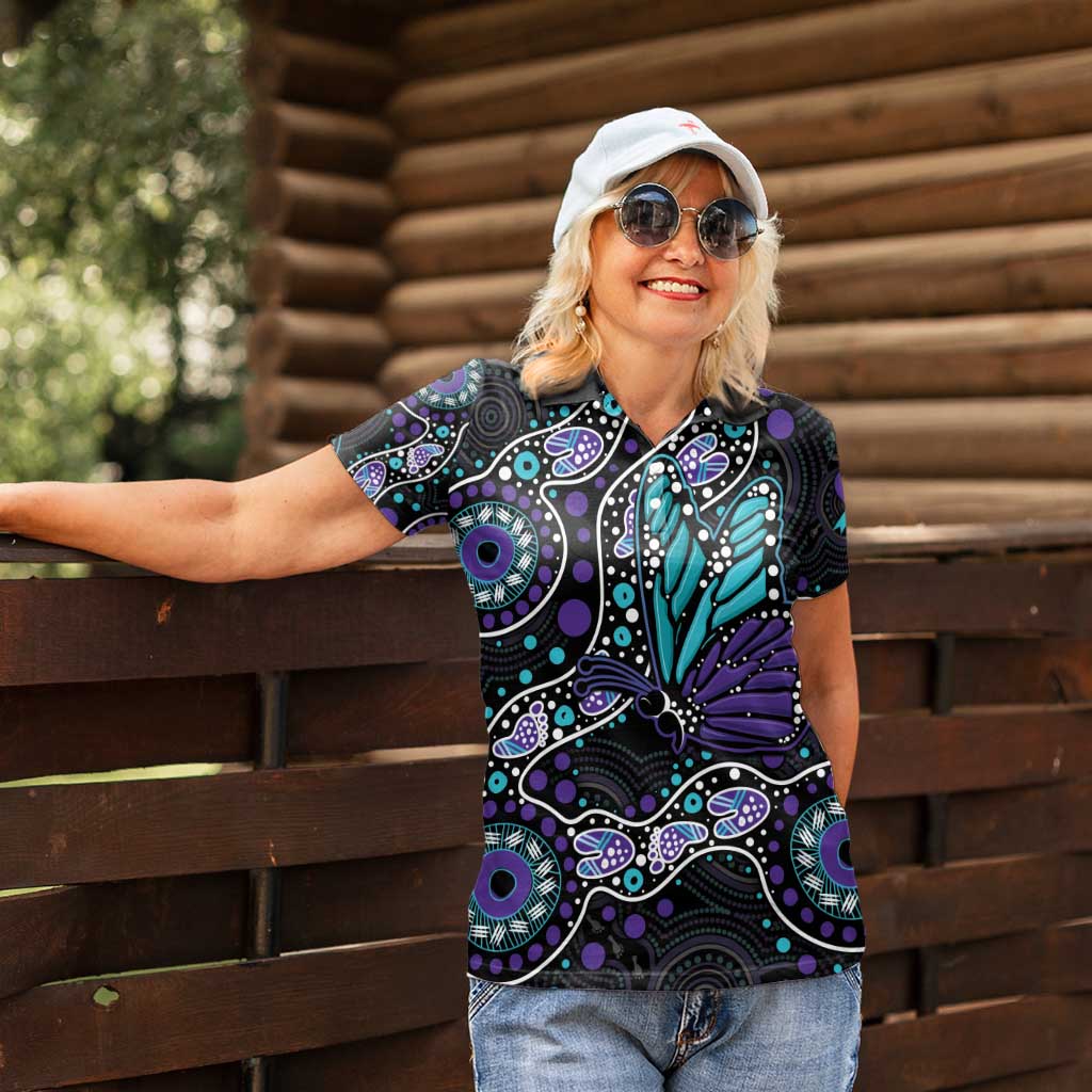 Australia Indigenous Women Polo Shirt Teal & Purple Ribbon Butterfly Aboriginal Arts