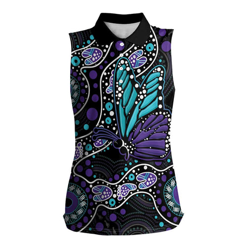 Australia Indigenous Women Sleeveless Polo Shirt Teal & Purple Ribbon Butterfly Aboriginal Arts