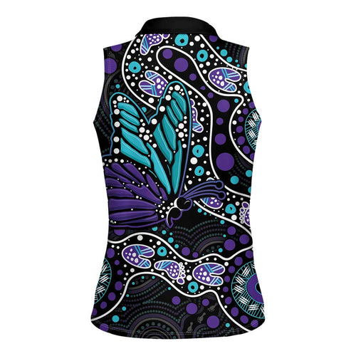 Australia Indigenous Women Sleeveless Polo Shirt Teal & Purple Ribbon Butterfly Aboriginal Arts