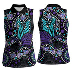 Australia Indigenous Women Sleeveless Polo Shirt Teal & Purple Ribbon Butterfly Aboriginal Arts