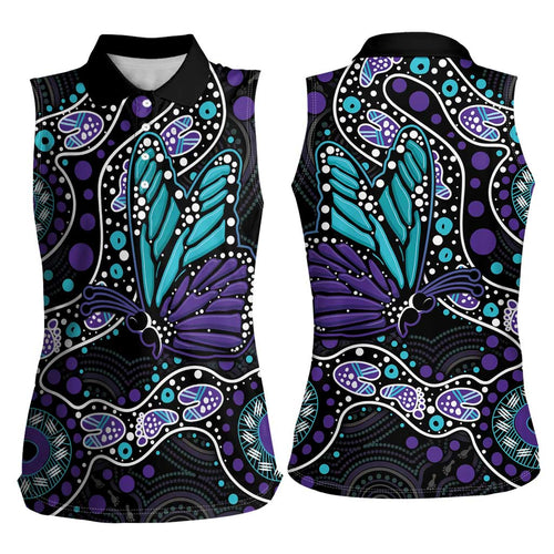 Australia Indigenous Women Sleeveless Polo Shirt Teal & Purple Ribbon Butterfly Aboriginal Arts