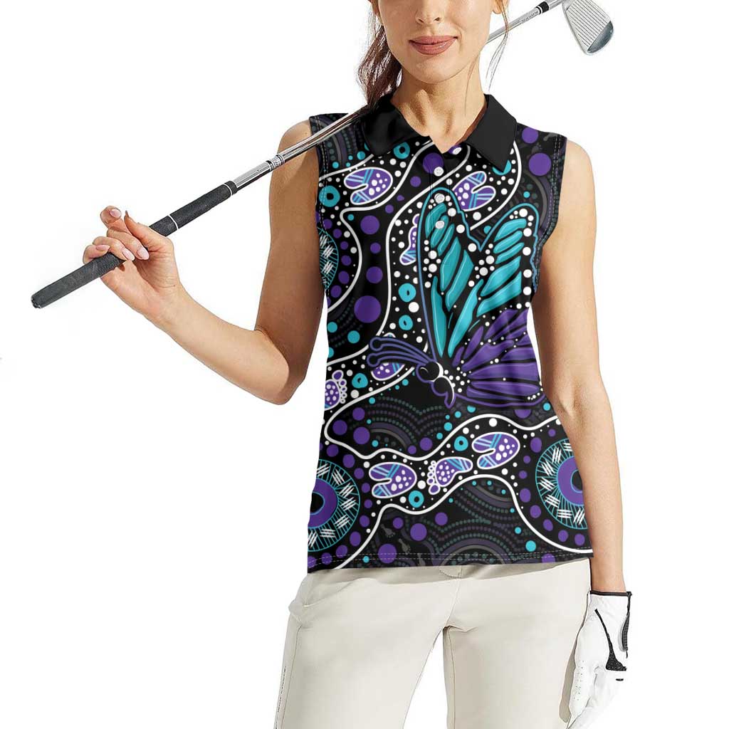 Australia Indigenous Women Sleeveless Polo Shirt Teal & Purple Ribbon Butterfly Aboriginal Arts