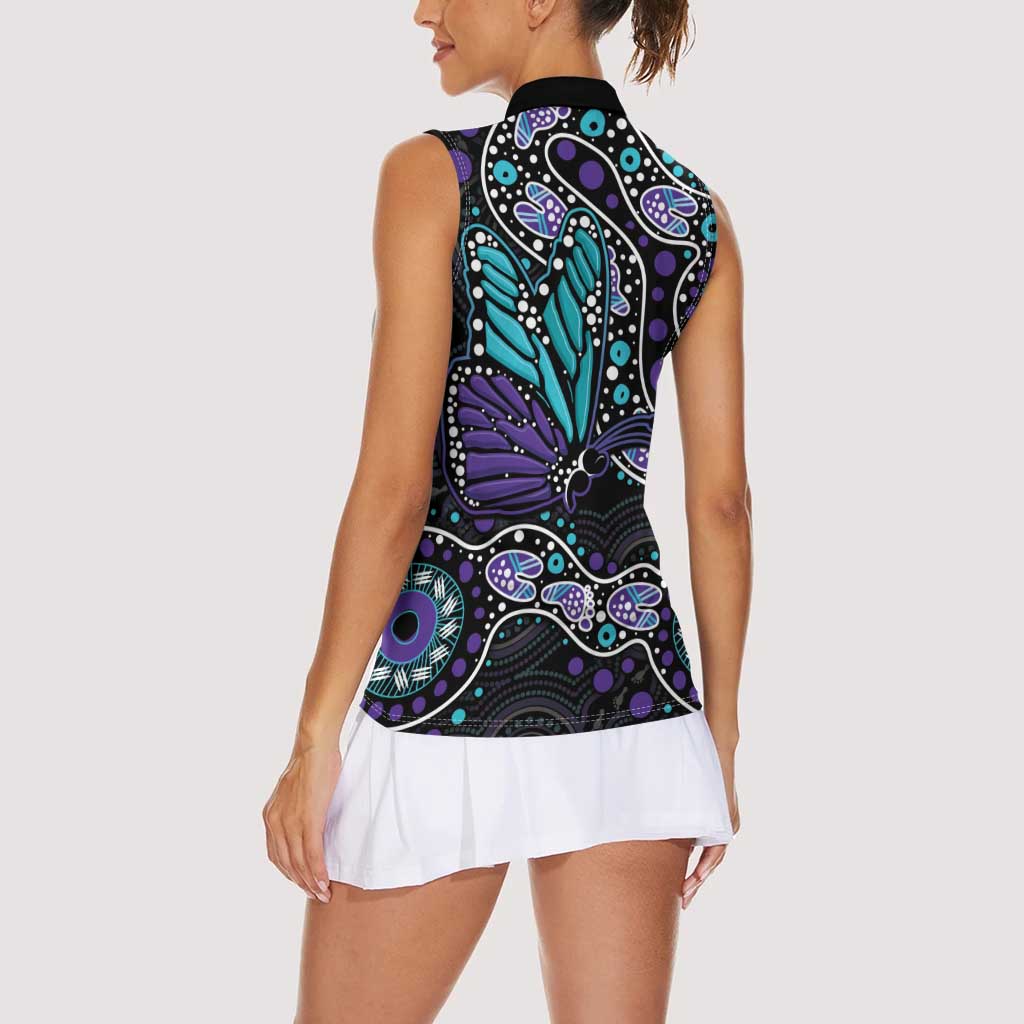 Australia Indigenous Women Sleeveless Polo Shirt Teal & Purple Ribbon Butterfly Aboriginal Arts