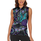 Australia Indigenous Women Sleeveless Polo Shirt Teal & Purple Ribbon Butterfly Aboriginal Arts