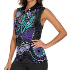 Australia Indigenous Women Sleeveless Polo Shirt Teal & Purple Ribbon Butterfly Aboriginal Arts