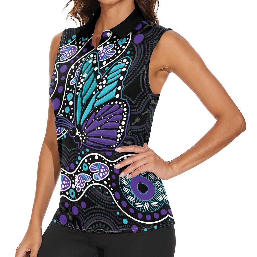 Australia Indigenous Women Sleeveless Polo Shirt Teal & Purple Ribbon Butterfly Aboriginal Arts