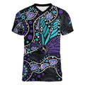 Australia Indigenous Women V-Neck T-Shirt Teal & Purple Ribbon Butterfly Aboriginal Arts