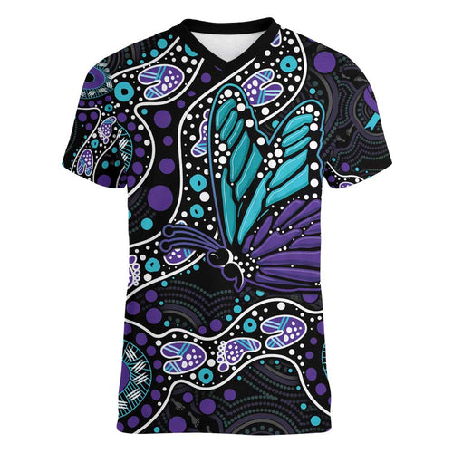 Australia Indigenous Women V-Neck T-Shirt Teal & Purple Ribbon Butterfly Aboriginal Arts