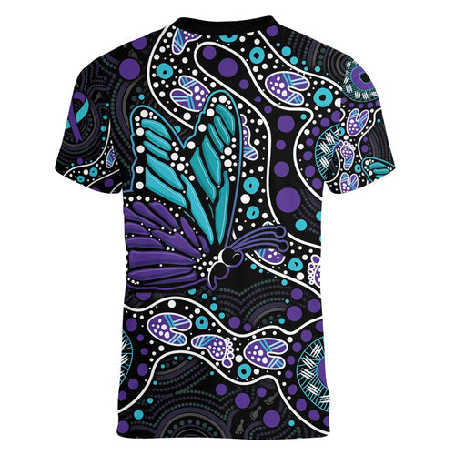 Australia Indigenous Women V-Neck T-Shirt Teal & Purple Ribbon Butterfly Aboriginal Arts