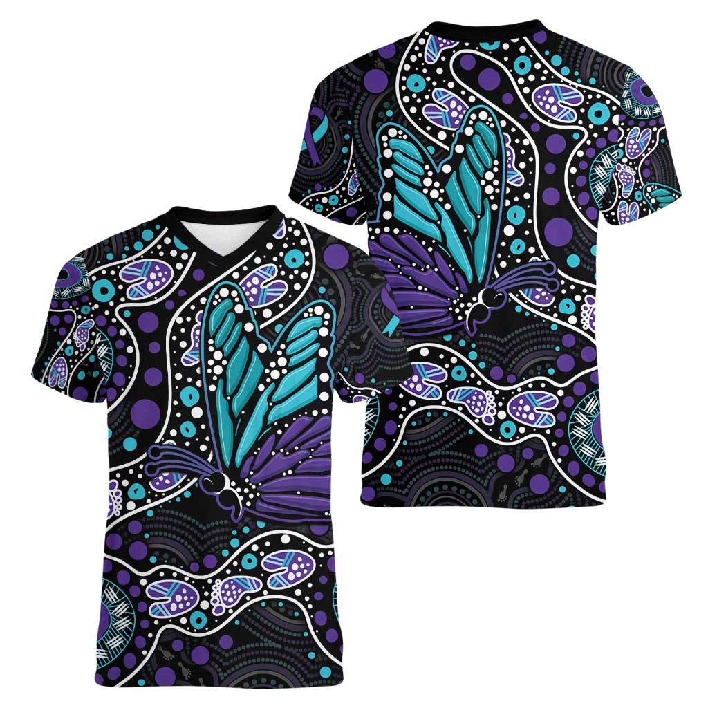 Australia Indigenous Women V-Neck T-Shirt Teal & Purple Ribbon Butterfly Aboriginal Arts