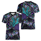 Australia Indigenous Women V-Neck T-Shirt Teal & Purple Ribbon Butterfly Aboriginal Arts