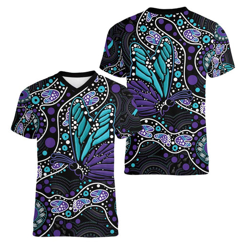 Australia Indigenous Women V-Neck T-Shirt Teal & Purple Ribbon Butterfly Aboriginal Arts