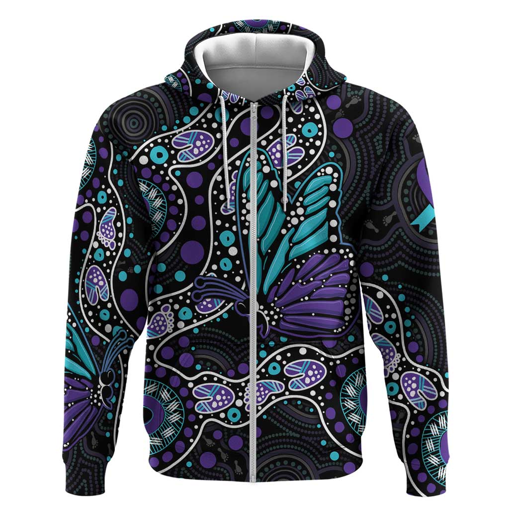 Australia Indigenous Zip Hoodie Teal & Purple Ribbon Butterfly Aboriginal Arts