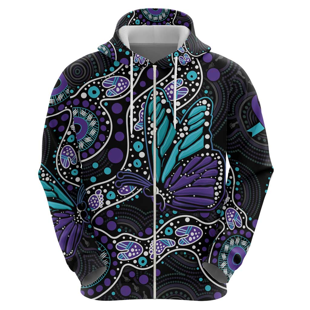 Australia Indigenous Zip Hoodie Teal & Purple Ribbon Butterfly Aboriginal Arts
