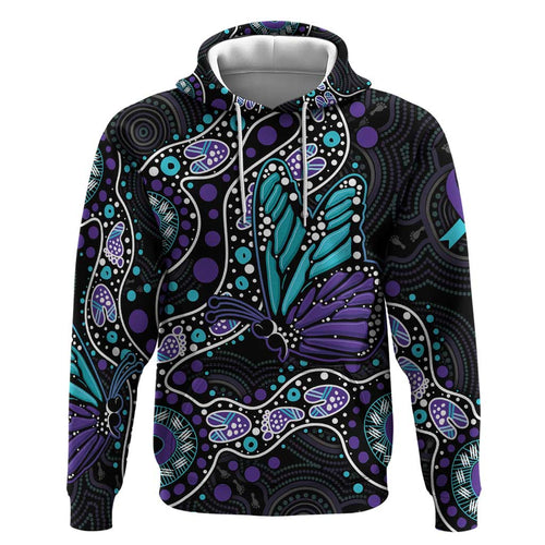 Australia Indigenous Zip Hoodie Teal & Purple Ribbon Butterfly Aboriginal Arts