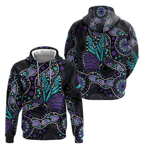 Australia Indigenous Zip Hoodie Teal & Purple Ribbon Butterfly Aboriginal Arts