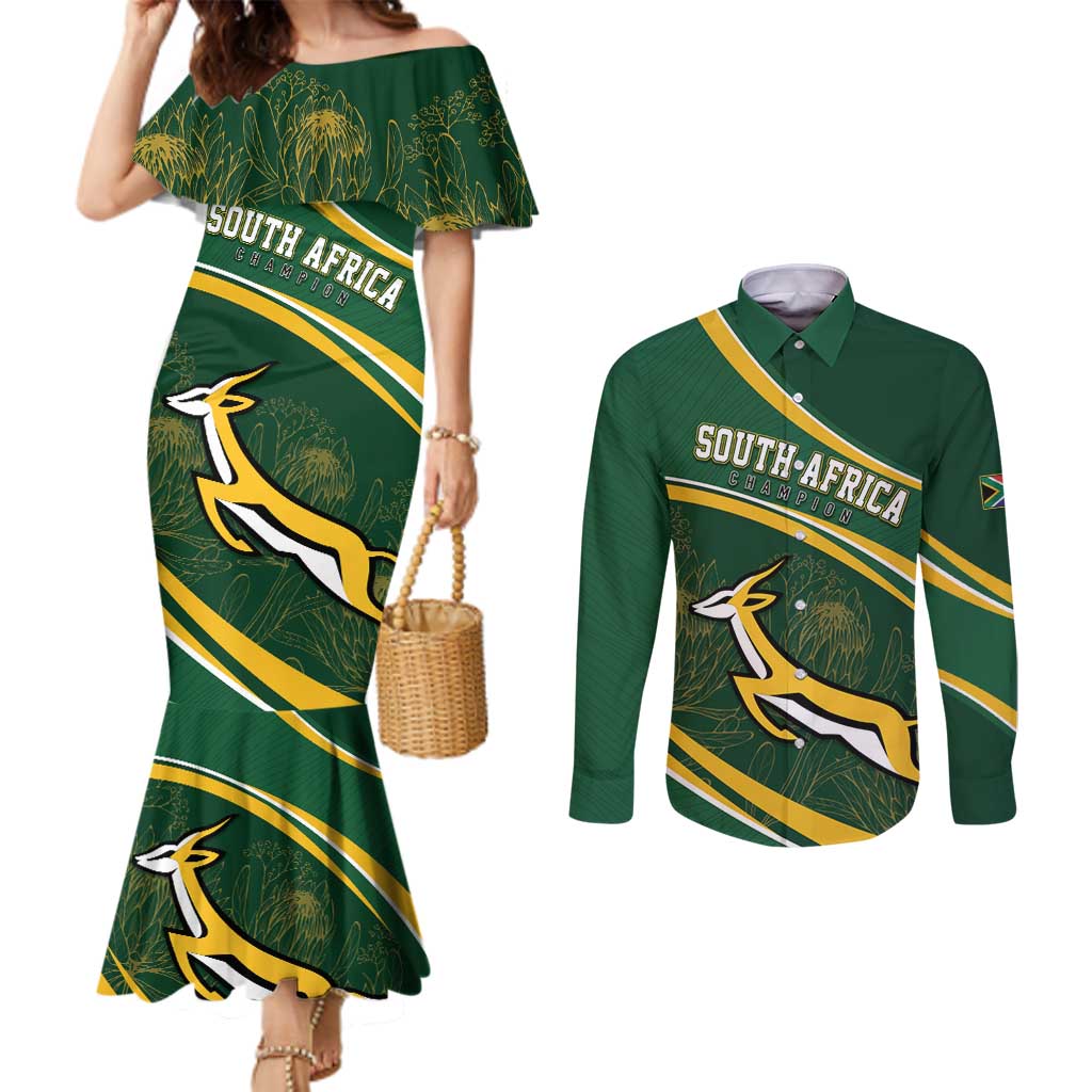 South Africa Rugby Personalized Bokke Couples Matching Mermaid Dress and Long Sleeve Button Shirt Springboks - Stronger Together - Aussie Hoodie