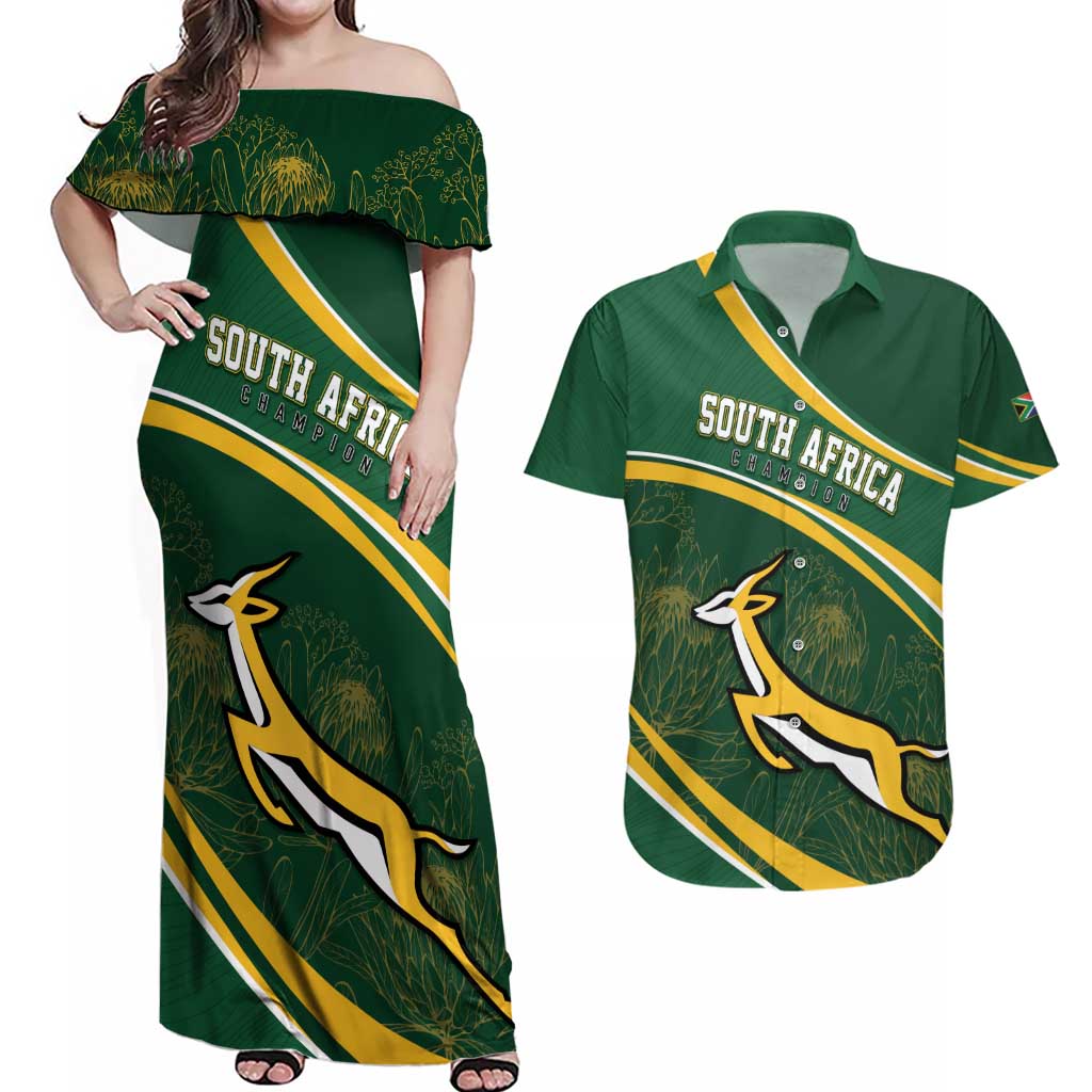 South Africa Rugby Personalized Bokke Couples Matching Off Shoulder Maxi Dress and Hawaiian Shirt Springboks - Stronger Together - Aussie Hoodie