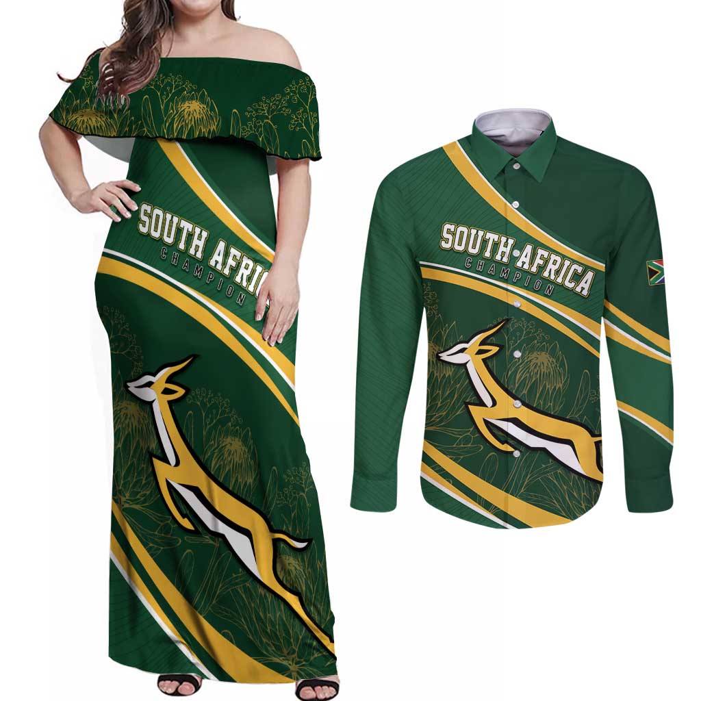 South Africa Rugby Personalized Bokke Couples Matching Off Shoulder Maxi Dress and Long Sleeve Button Shirt Springboks - Stronger Together - Aussie Hoodie
