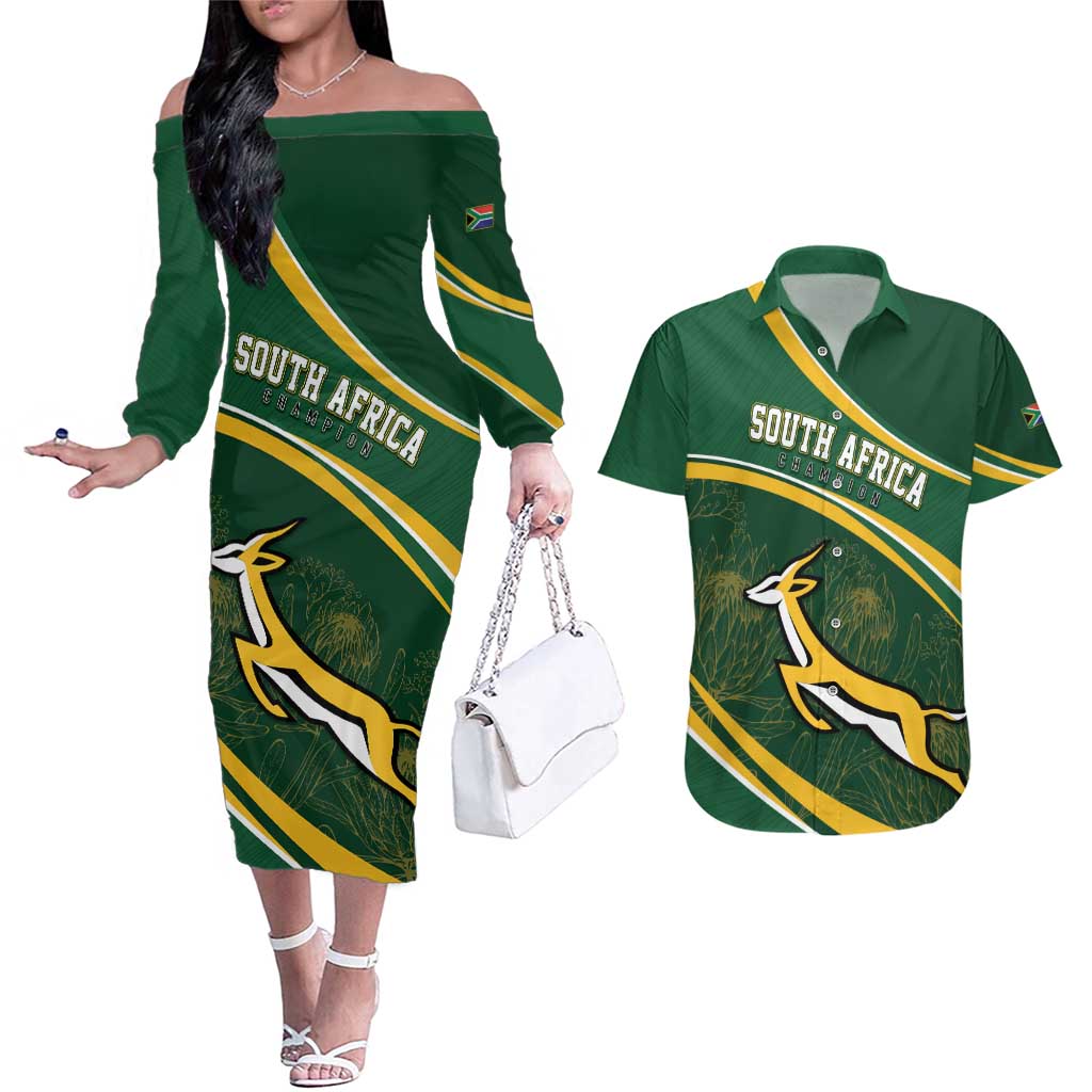South Africa Rugby Personalized Bokke Couples Matching Off The Shoulder Long Sleeve Dress and Hawaiian Shirt Springboks - Stronger Together - Aussie Hoodie