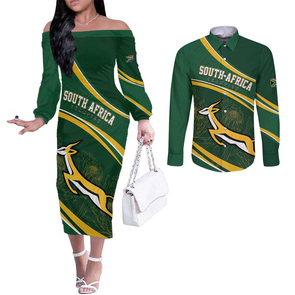 South Africa Rugby Personalized Bokke Couples Matching Off The Shoulder Long Sleeve Dress and Long Sleeve Button Shirt Springboks - Stronger Together - Aussie Hoodie