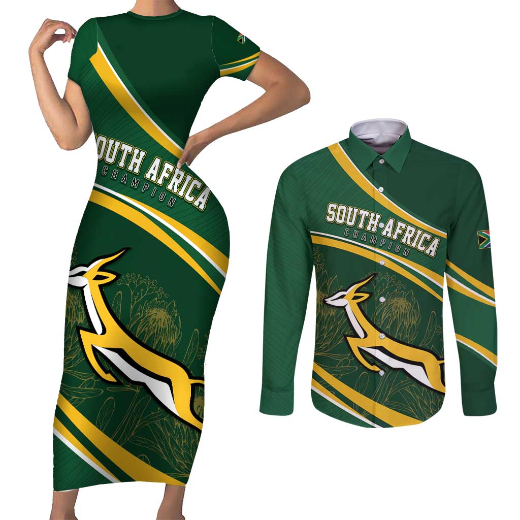 South Africa Rugby Personalized Bokke Couples Matching Short Sleeve Bodycon Dress and Long Sleeve Button Shirt Springboks - Stronger Together - Aussie Hoodie