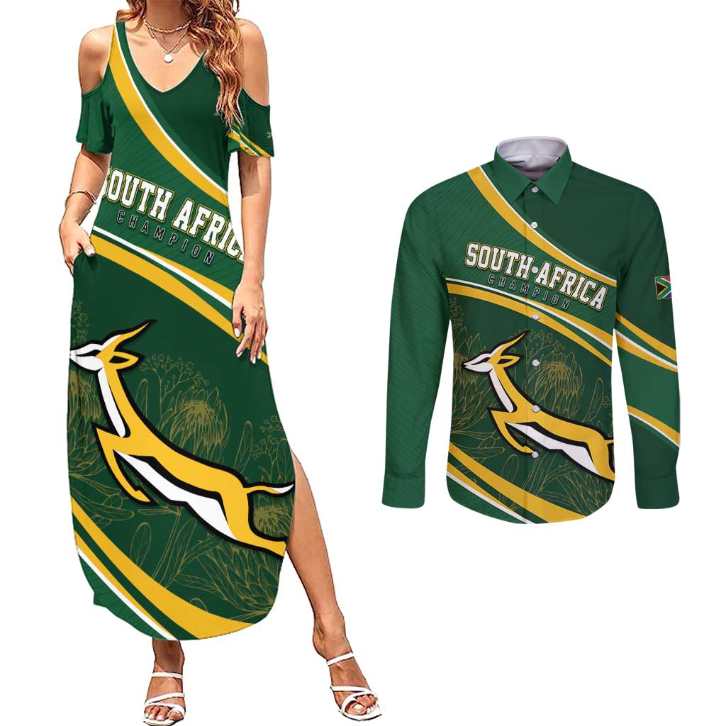 South Africa Rugby Personalized Bokke Couples Matching Summer Maxi Dress and Long Sleeve Button Shirt Springboks - Stronger Together - Aussie Hoodie