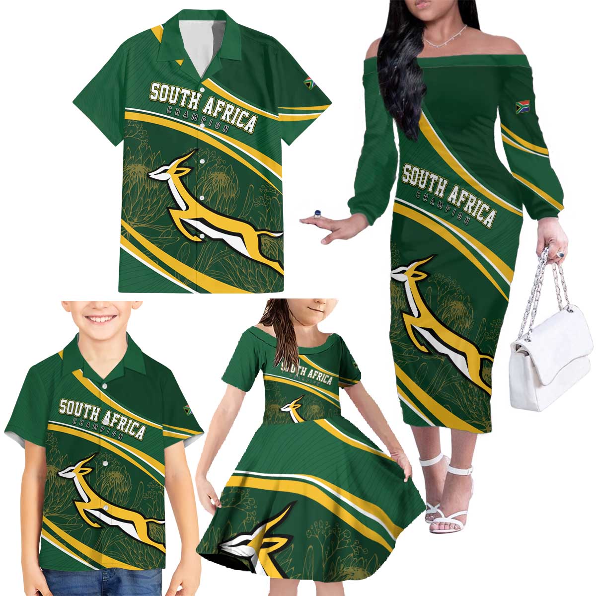 South Africa Rugby Personalized Bokke Family Matching Off The Shoulder Long Sleeve Dress and Hawaiian Shirt Springboks - Stronger Together - Aussie Hoodie