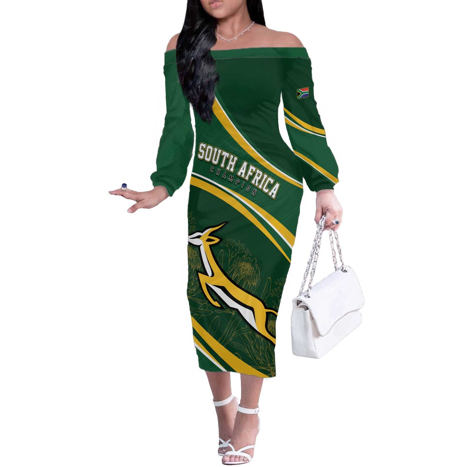 South Africa Rugby Personalized Bokke Off The Shoulder Long Sleeve Dress Springboks - Stronger Together - Aussie Hoodie