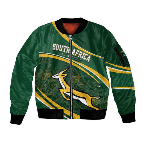 South Africa Rugby Personalized Bokke Sleeve Zip Bomber Jacket Springboks - Stronger Together - Aussie Hoodie