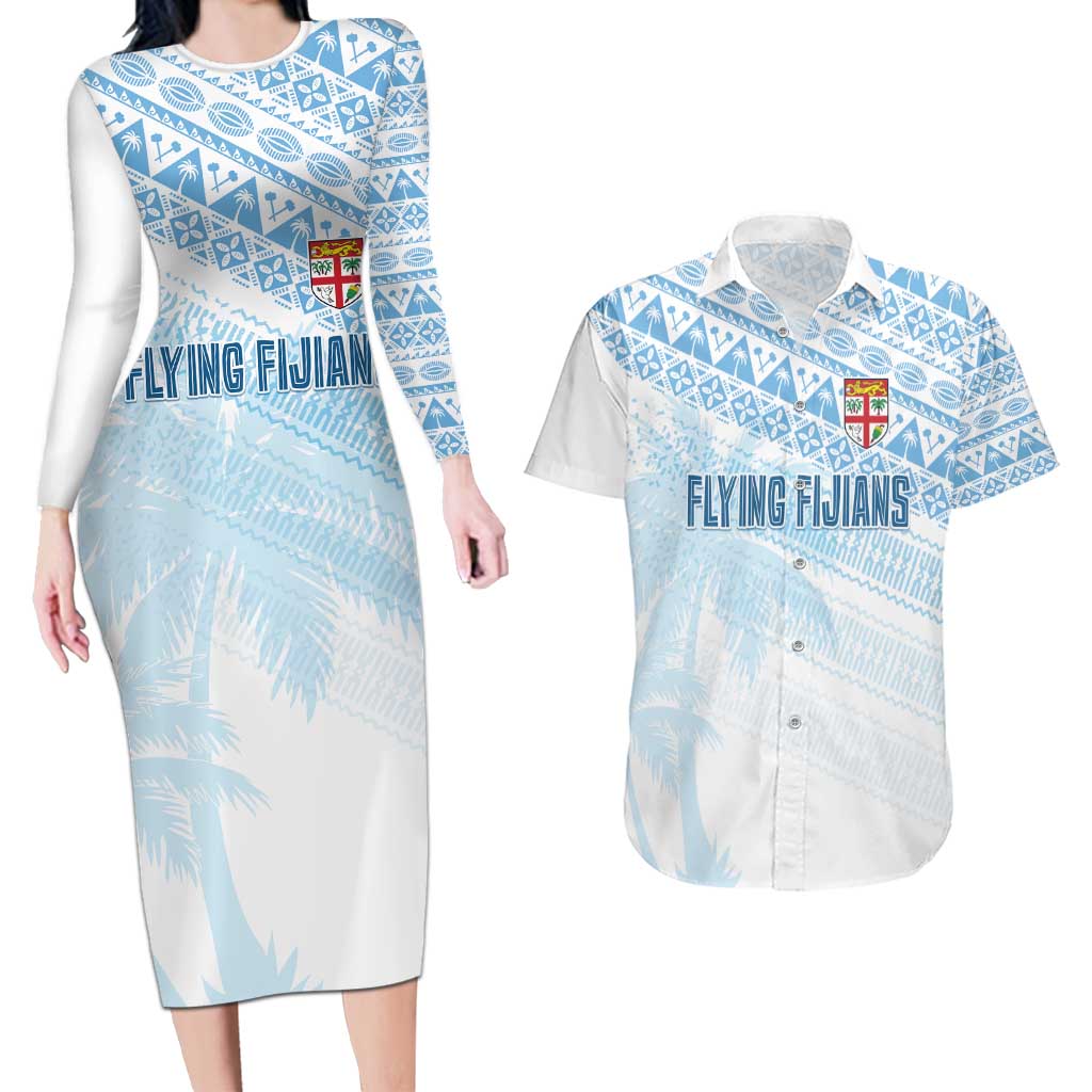 Fiji Rugby Custom Kaiviti Masi Couples Matching Long Sleeve Bodycon Dress and Hawaiian Shirt Turquoise - Aussie Hoodie