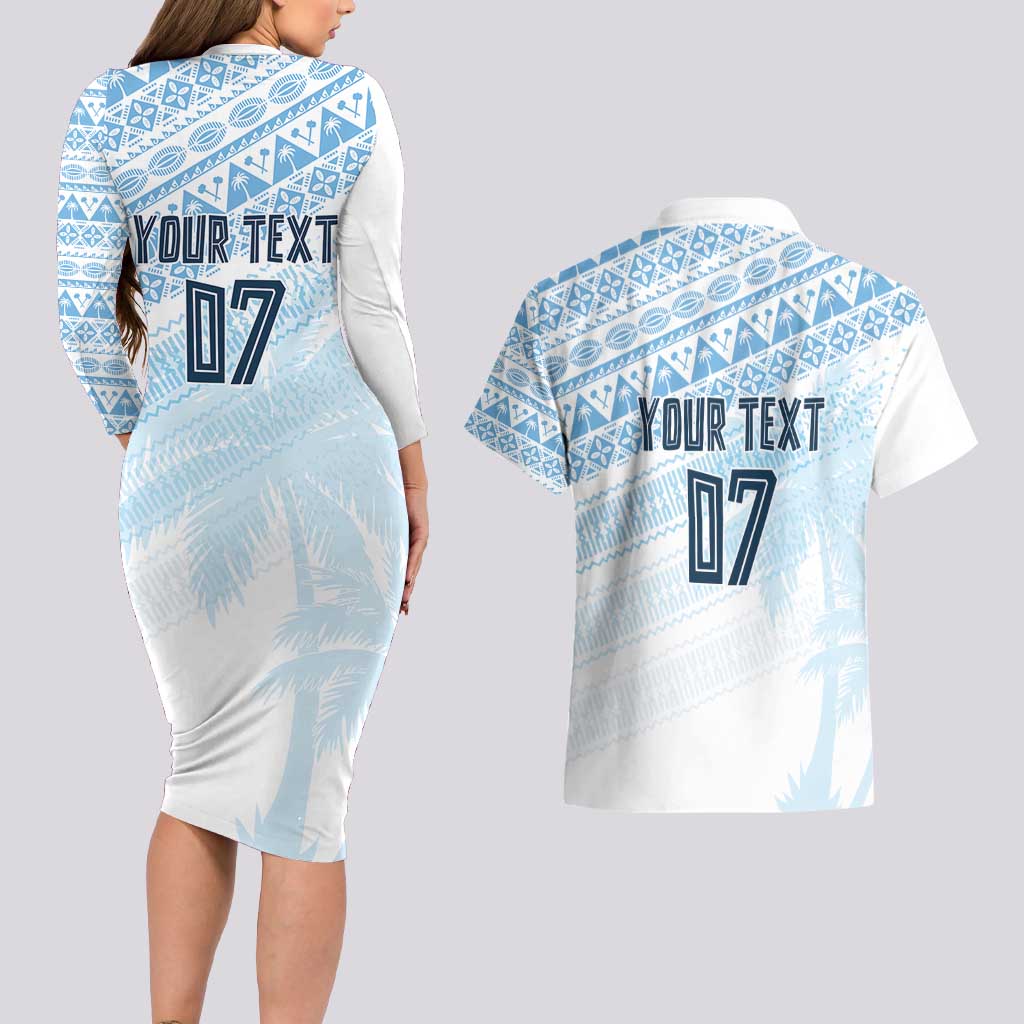 Fiji Rugby Custom Kaiviti Masi Couples Matching Long Sleeve Bodycon Dress and Hawaiian Shirt Turquoise - Aussie Hoodie