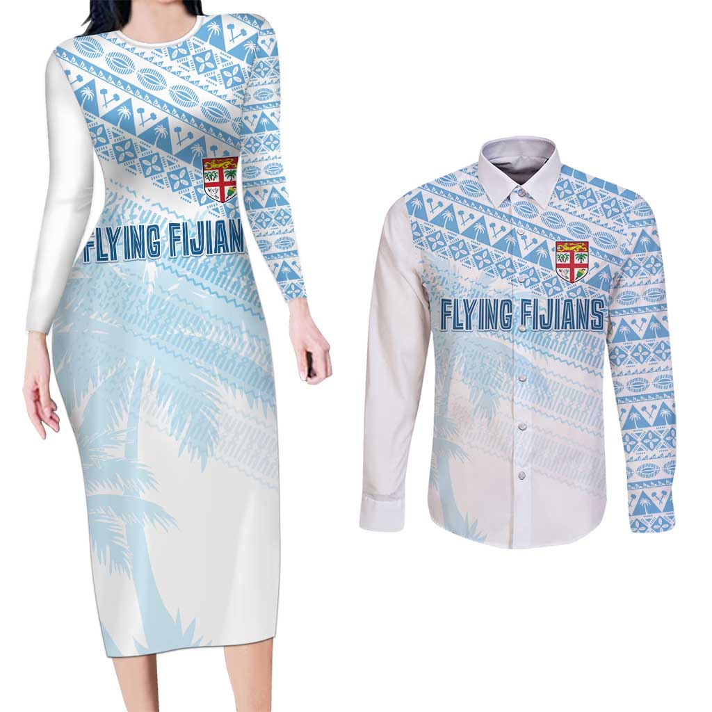 Fiji Rugby Custom Kaiviti Masi Couples Matching Long Sleeve Bodycon Dress and Long Sleeve Button Shirt Turquoise - Aussie Hoodie