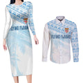 Fiji Rugby Custom Kaiviti Masi Couples Matching Long Sleeve Bodycon Dress and Long Sleeve Button Shirt Turquoise - Aussie Hoodie