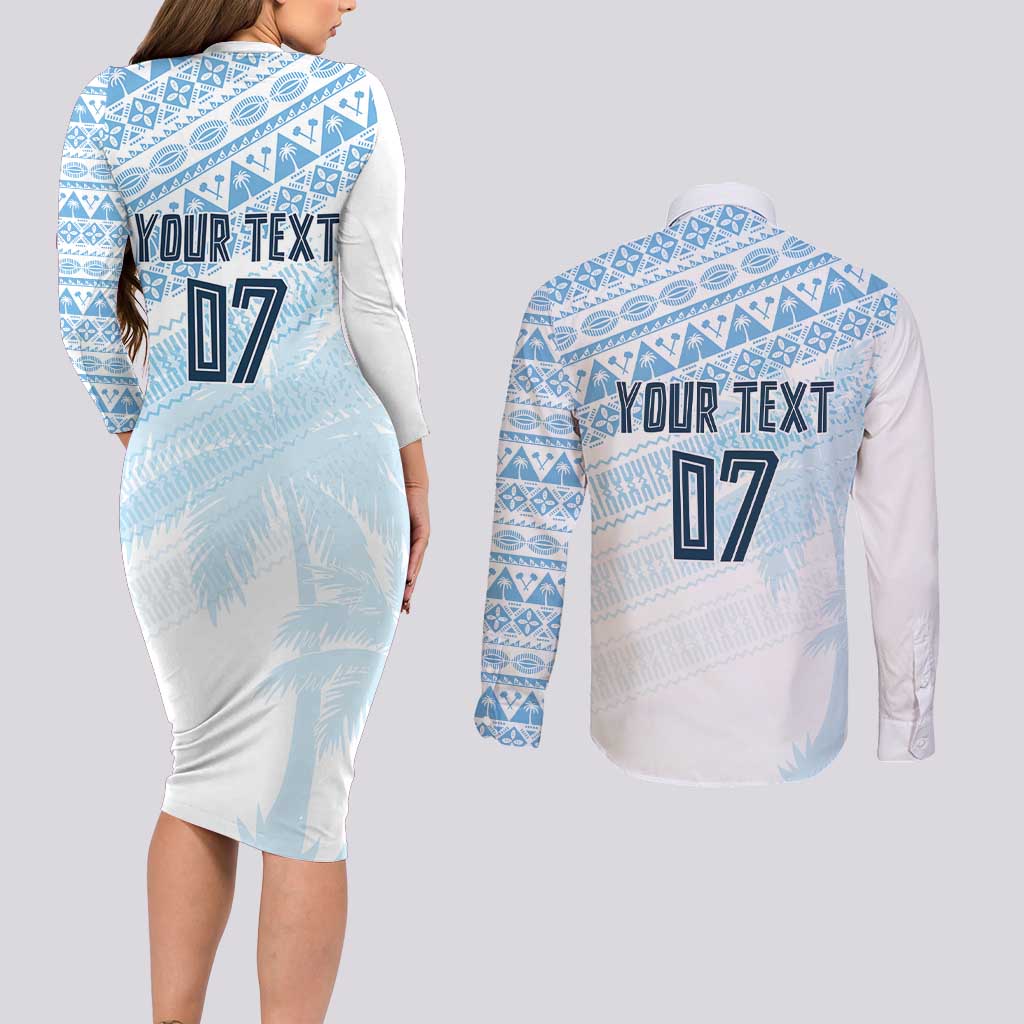 Fiji Rugby Custom Kaiviti Masi Couples Matching Long Sleeve Bodycon Dress and Long Sleeve Button Shirt Turquoise - Aussie Hoodie