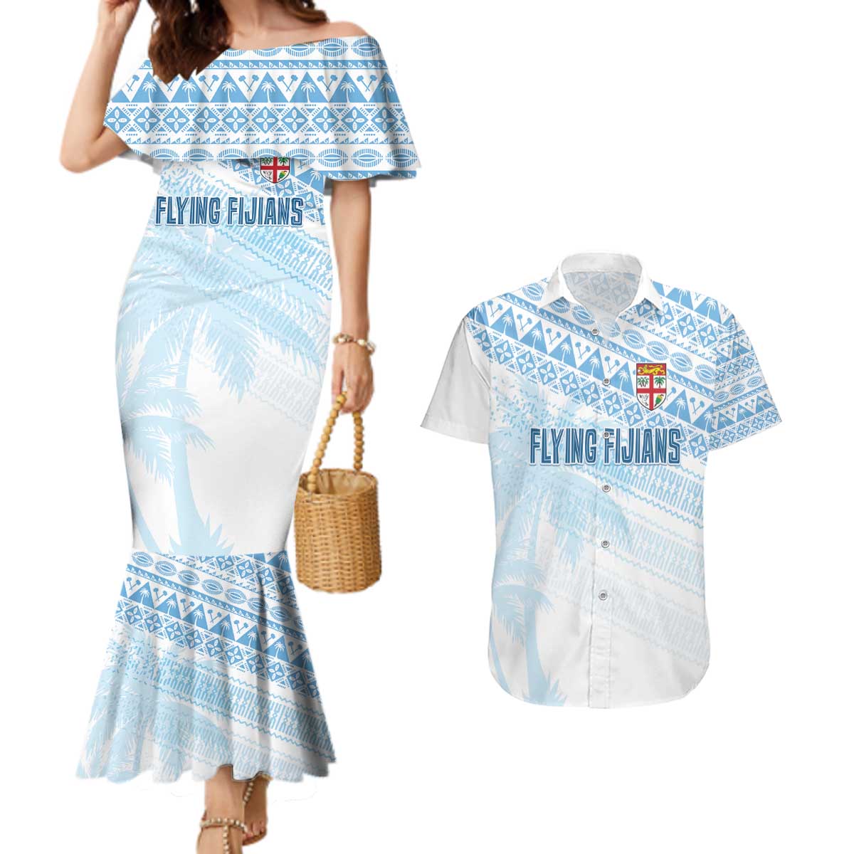 Fiji Rugby Custom Kaiviti Masi Couples Matching Mermaid Dress and Hawaiian Shirt Turquoise - Aussie Hoodie