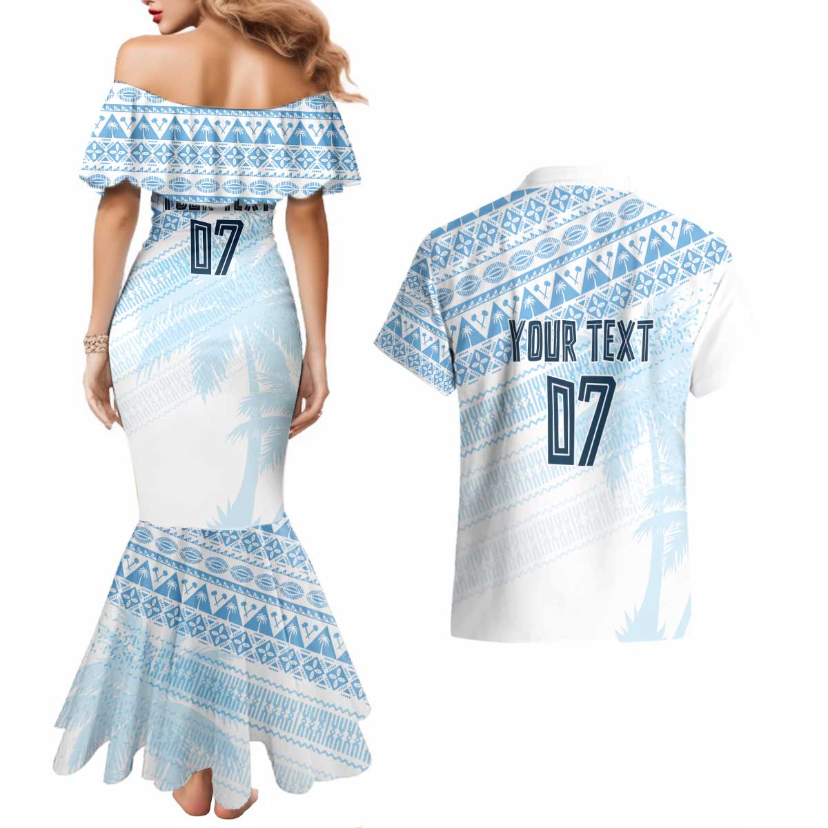 Fiji Rugby Custom Kaiviti Masi Couples Matching Mermaid Dress and Hawaiian Shirt Turquoise - Aussie Hoodie