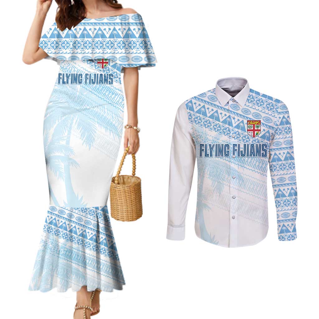 Fiji Rugby Custom Kaiviti Masi Couples Matching Mermaid Dress and Long Sleeve Button Shirt Turquoise - Aussie Hoodie