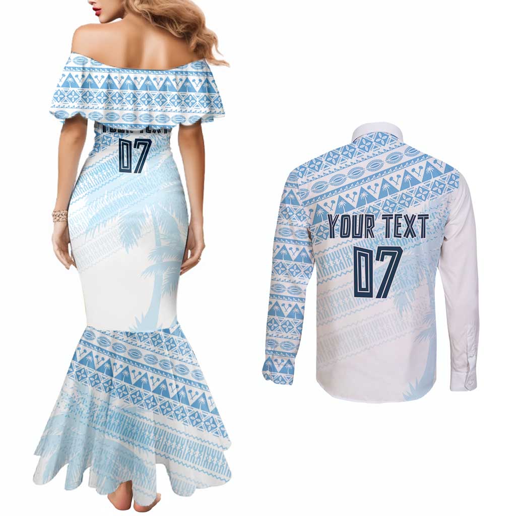 Fiji Rugby Custom Kaiviti Masi Couples Matching Mermaid Dress and Long Sleeve Button Shirt Turquoise - Aussie Hoodie