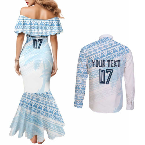 Fiji Rugby Custom Kaiviti Masi Couples Matching Mermaid Dress and Long Sleeve Button Shirt Turquoise - Aussie Hoodie