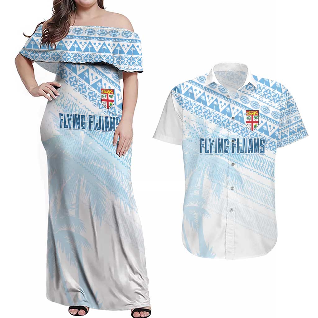 Fiji Rugby Custom Kaiviti Masi Couples Matching Off Shoulder Maxi Dress and Hawaiian Shirt Turquoise - Aussie Hoodie