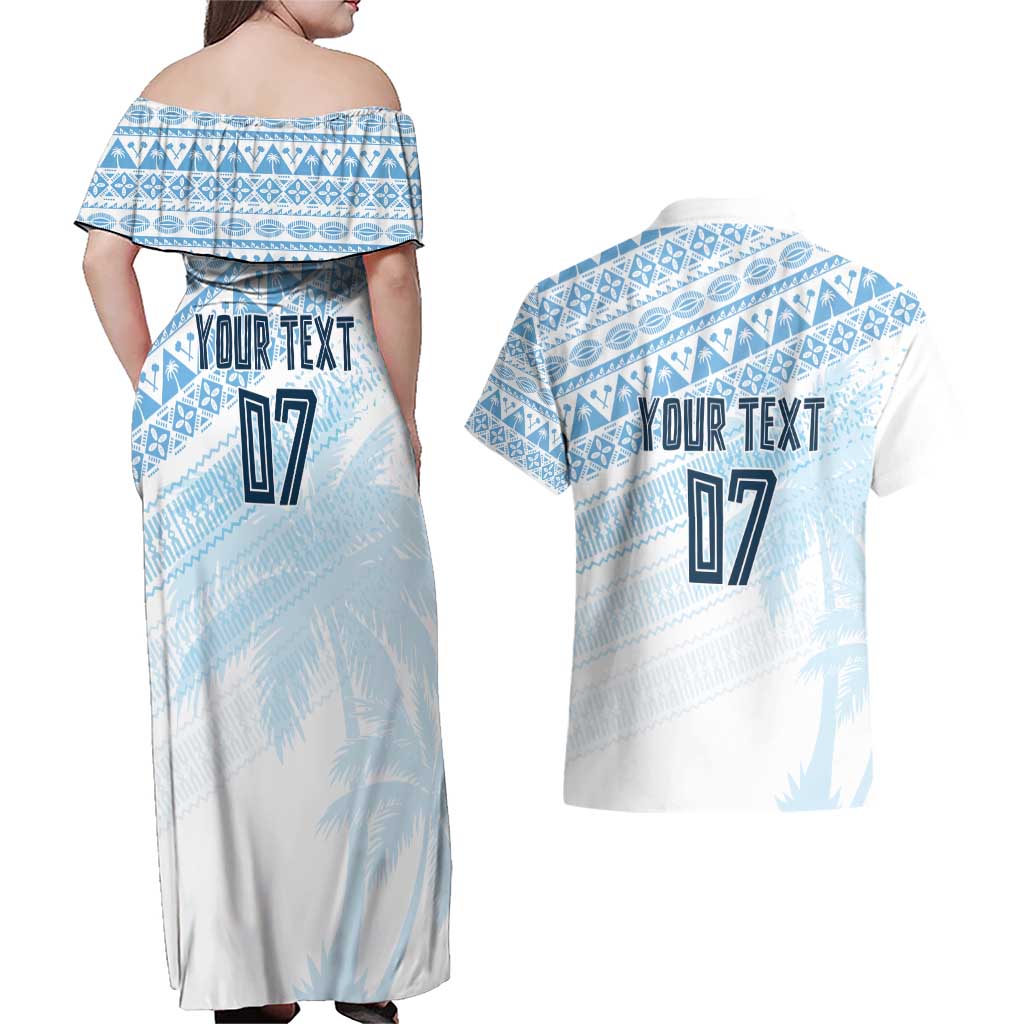 Fiji Rugby Custom Kaiviti Masi Couples Matching Off Shoulder Maxi Dress and Hawaiian Shirt Turquoise - Aussie Hoodie
