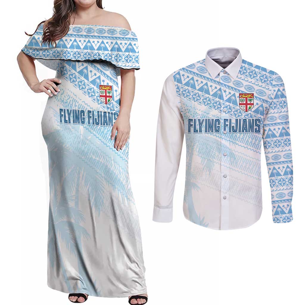 Fiji Rugby Custom Kaiviti Masi Couples Matching Off Shoulder Maxi Dress and Long Sleeve Button Shirt Turquoise - Aussie Hoodie