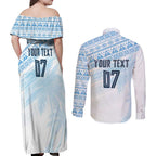 Fiji Rugby Custom Kaiviti Masi Couples Matching Off Shoulder Maxi Dress and Long Sleeve Button Shirt Turquoise - Aussie Hoodie
