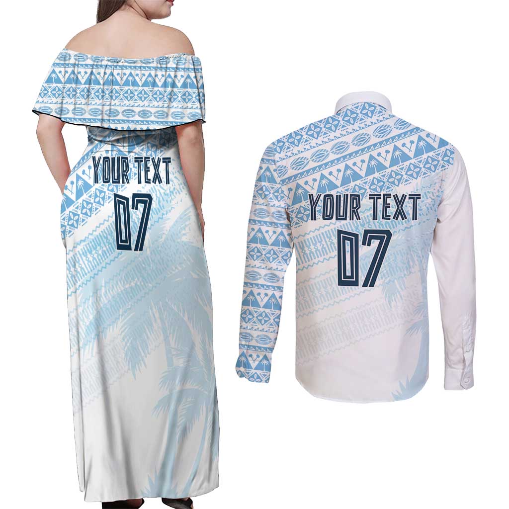 Fiji Rugby Custom Kaiviti Masi Couples Matching Off Shoulder Maxi Dress and Long Sleeve Button Shirt Turquoise - Aussie Hoodie