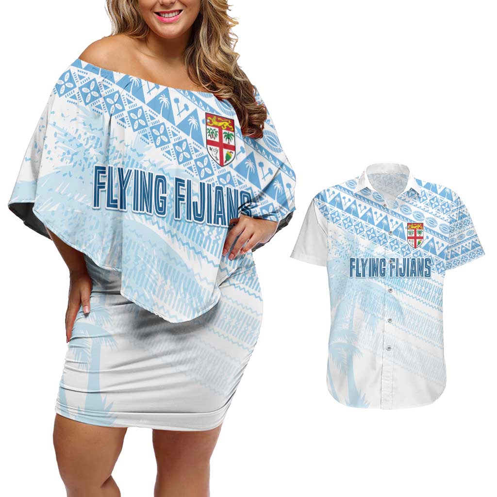 Fiji Rugby Custom Kaiviti Masi Couples Matching Off Shoulder Short Dress and Hawaiian Shirt Turquoise - Aussie Hoodie